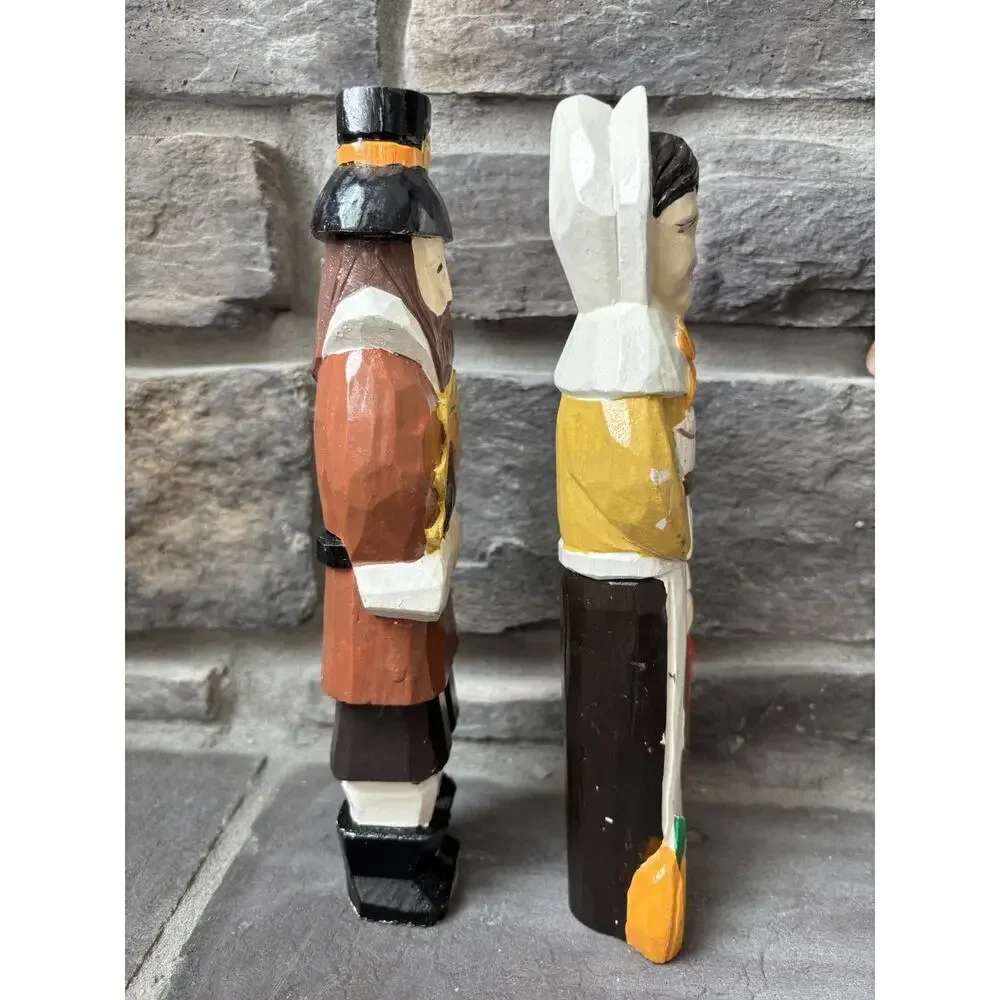 Vintage Hand Painted Wood Carved Harvest Pilgrims Man Woman Cottagecore Prairie